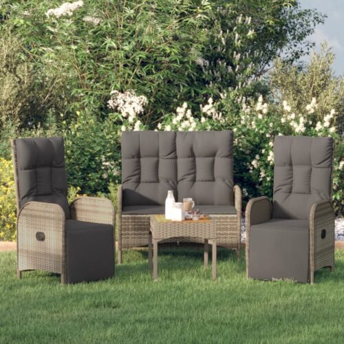 3-Piece Garden Dining Set with Cushions Grey Poly Rattan Wicker Outdoor Patio Furniture - Image 2