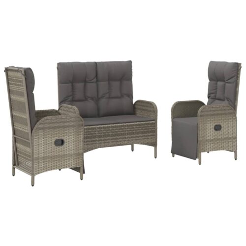 3-Piece Garden Dining Set with Cushions Grey Poly Rattan Wicker Outdoor Patio Furniture - Image 3