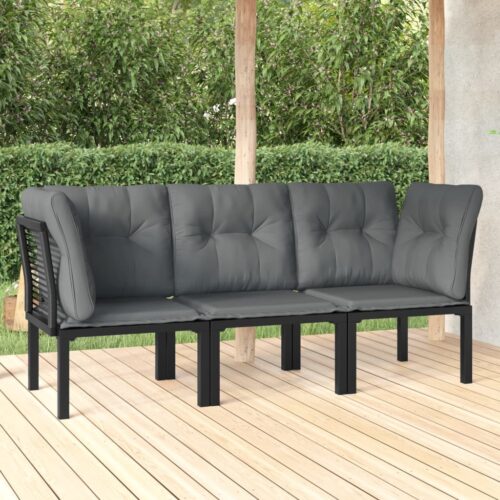 3-Piece Garden Lounge Set Black Grey Poly Rattan Wicker Outdoor Patio Furniture - Image 2