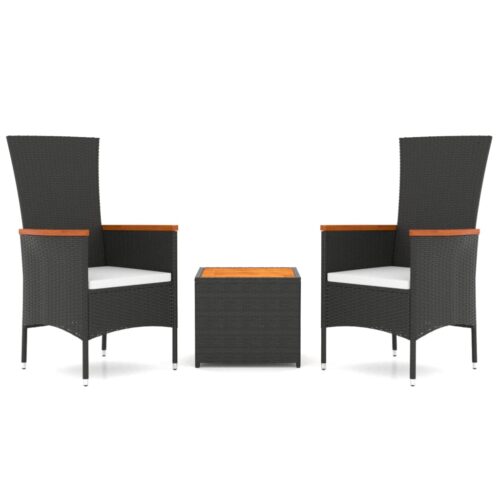 3-Piece Garden Lounge Set Black Poly Rattan Wicker Outdoor Patio Furniture&Solid Wood Acacia
