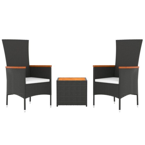 3-Piece Garden Lounge Set Black Poly Rattan Wicker Outdoor Patio Furniture&Solid Wood Acacia - Image 3