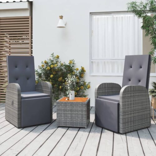 3-Piece Garden Lounge Set Grey Poly Rattan Wicker Outdoor Patio Furniture&Solid Wood Acacia - Image 2