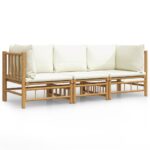 3-Piece Garden Lounge Set with Cream White Cushions Bamboo