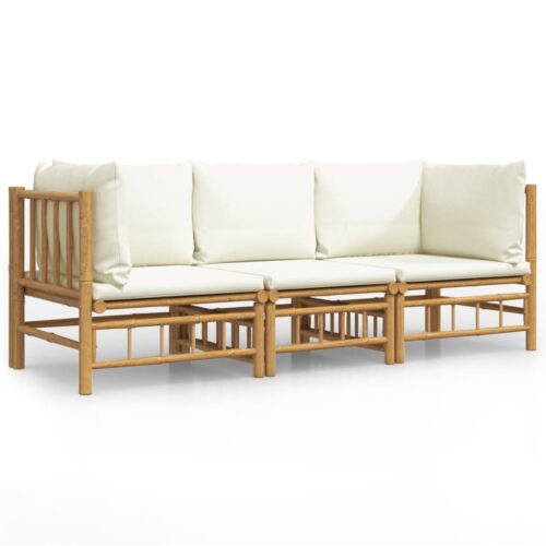 3-Piece Garden Lounge Set with Cream White Cushions Bamboo