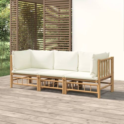 3-Piece Garden Lounge Set with Cream White Cushions Bamboo - Image 2