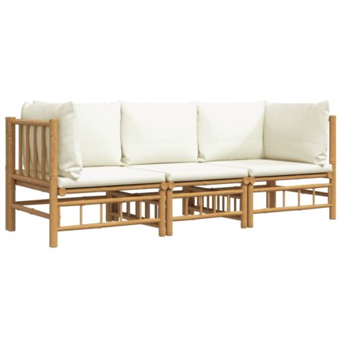 3-Piece Garden Lounge Set with Cream White Cushions Bamboo - Image 3