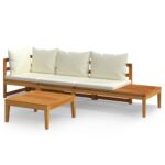 3-Piece Garden Lounge Set with Cream White Cushions Acacia Wood