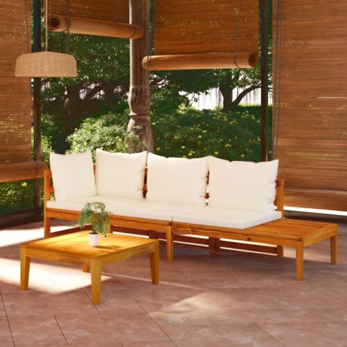 3-Piece Garden Lounge Set with Cream White Cushions Acacia Wood - Image 2