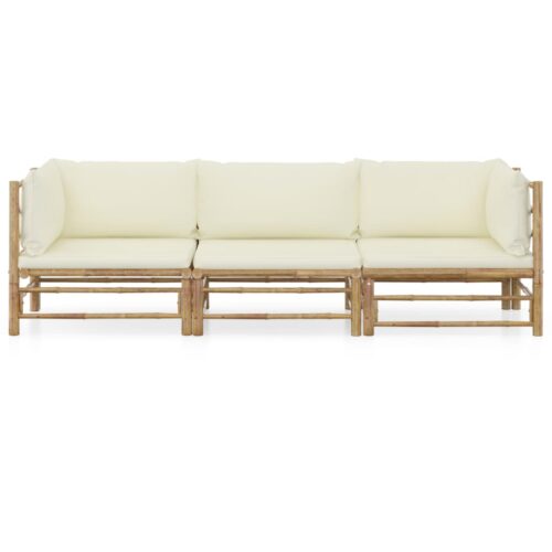 3-Piece Garden Lounge Set with Cream White Cushions Bamboo - Image 9