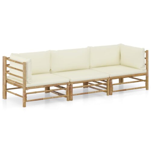3-Piece Garden Lounge Set with Cream White Cushions Bamboo