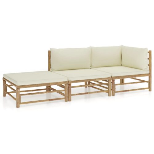 3-Piece Garden Lounge Set with Cream White Cushions Bamboo