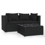 3-Piece Garden Lounge Set with Cushions Black Poly Rattan Wicker Outdoor Patio Furniture