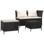 3-Piece Garden Lounge Set with Cushions Black Poly Rattan Wicker Outdoor Patio Furniture