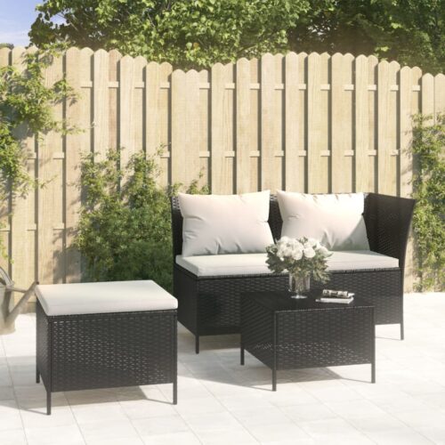 3-Piece Garden Lounge Set with Cushions Black Poly Rattan Wicker Outdoor Patio Furniture - Image 2