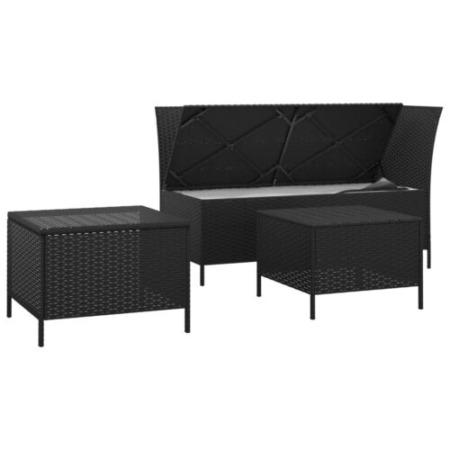 3-Piece Garden Lounge Set with Cushions Black Poly Rattan Wicker Outdoor Patio Furniture - Image 4