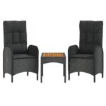 3-Piece Garden Lounge Set with Cushions Black Poly Rattan Wicker Outdoor Patio Furniture