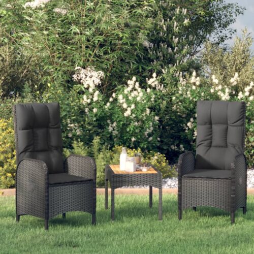 3-Piece Garden Lounge Set with Cushions Black Poly Rattan Wicker Outdoor Patio Furniture - Image 2