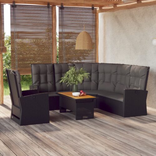 3-Piece Garden Lounge Set with Cushions Black Poly Rattan Wicker Outdoor Patio Furniture - Image 2