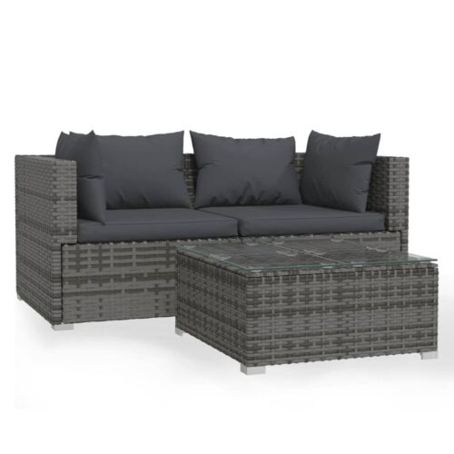 3-Piece Garden Lounge Set with Cushions Grey Poly Rattan Wicker Outdoor Patio Furniture