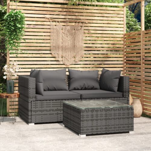 3-Piece Garden Lounge Set with Cushions Grey Poly Rattan Wicker Outdoor Patio Furniture - Image 2