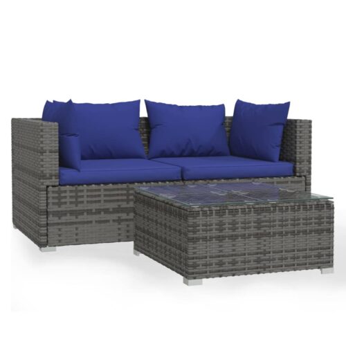 3-Piece Garden Lounge Set with Cushions Grey Poly Rattan Wicker Outdoor Patio Furniture