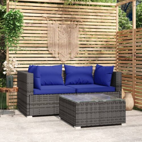 3-Piece Garden Lounge Set with Cushions Grey Poly Rattan Wicker Outdoor Patio Furniture - Image 2