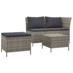 3-Piece Garden Lounge Set with Cushions Grey Poly Rattan Wicker Outdoor Patio Furniture