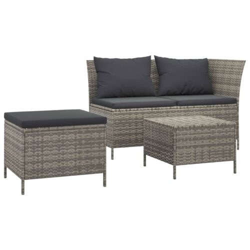 3-Piece Garden Lounge Set with Cushions Grey Poly Rattan Wicker Outdoor Patio Furniture