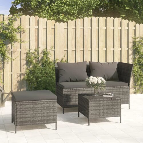 3-Piece Garden Lounge Set with Cushions Grey Poly Rattan Wicker Outdoor Patio Furniture - Image 2