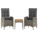 3-Piece Garden Lounge Set with Cushions Grey Poly Rattan Wicker Outdoor Patio Furniture
