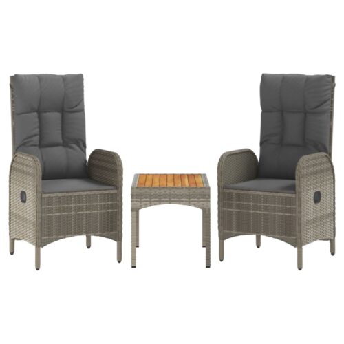 3-Piece Garden Lounge Set with Cushions Grey Poly Rattan Wicker Outdoor Patio Furniture