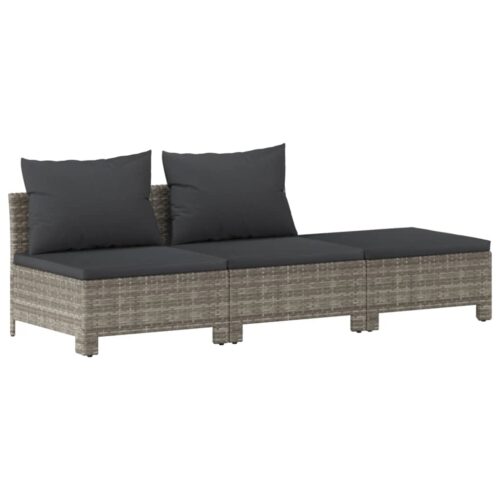 3-Piece Garden Lounge Set with Cushions Grey Poly Rattan Wicker Outdoor Patio Furniture