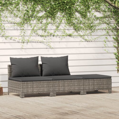 3-Piece Garden Lounge Set with Cushions Grey Poly Rattan Wicker Outdoor Patio Furniture - Image 2