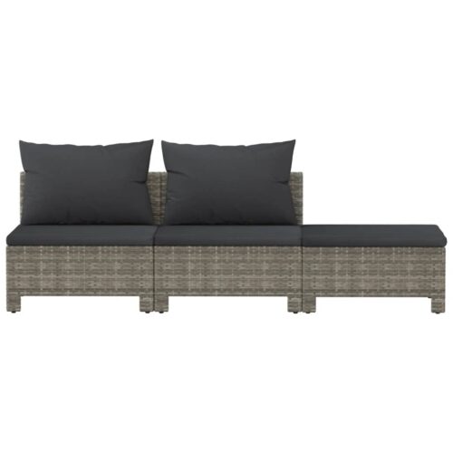 3-Piece Garden Lounge Set with Cushions Grey Poly Rattan Wicker Outdoor Patio Furniture - Image 4