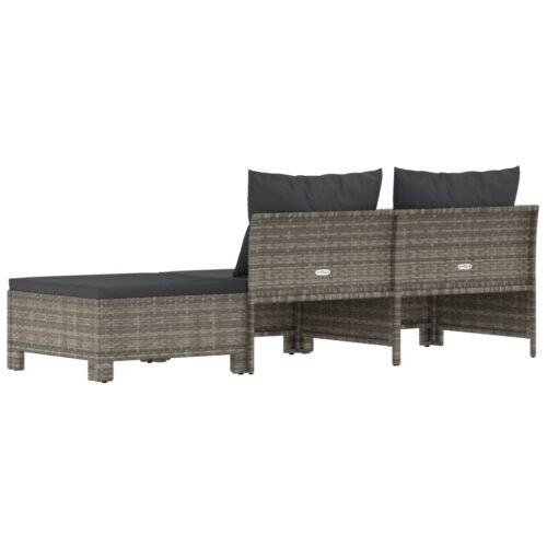 3-Piece Garden Lounge Set with Cushions Grey Poly Rattan Wicker Outdoor Patio Furniture - Image 6