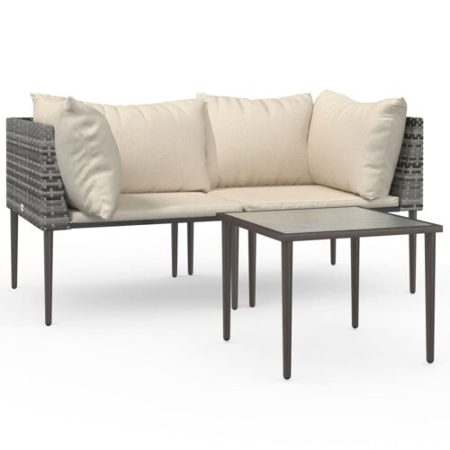 3-Piece Garden Lounge Set with Cushions Grey Poly Rattan Wicker Outdoor Patio Furniture