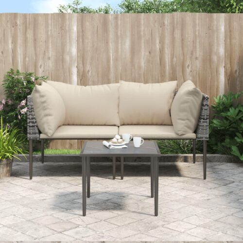 3-Piece Garden Lounge Set with Cushions Grey Poly Rattan Wicker Outdoor Patio Furniture - Image 2