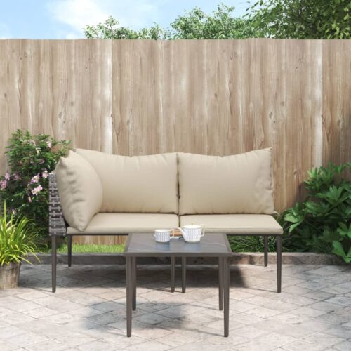 3-Piece Garden Lounge Set with Cushions Grey Poly Rattan Wicker Outdoor Patio Furniture - Image 2