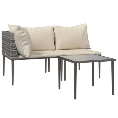 3-Piece Garden Lounge Set with Cushions Grey Poly Rattan Wicker Outdoor Patio Furniture - Image 3