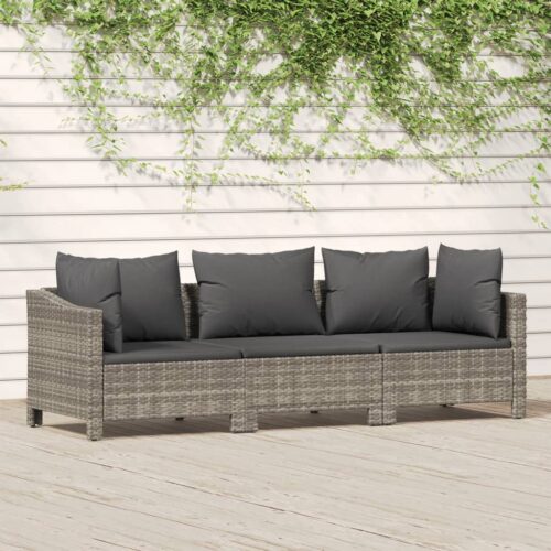 3-Piece Garden Lounge Set with Cushions Grey Poly Rattan Wicker Outdoor Patio Furniture - Image 2