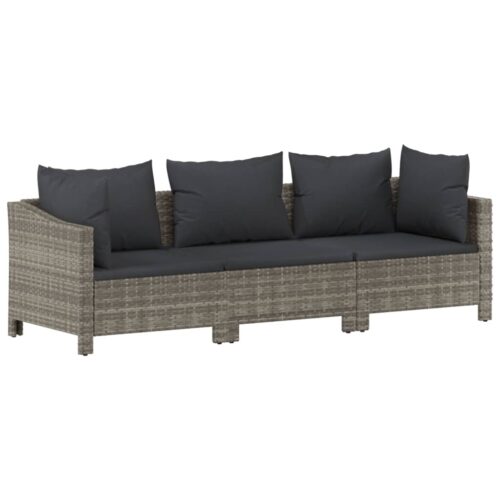 3-Piece Garden Lounge Set with Cushions Grey Poly Rattan Wicker Outdoor Patio Furniture - Image 3