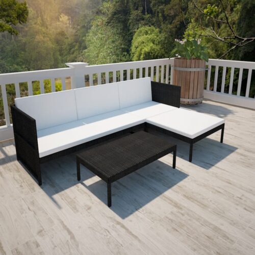 3-Piece Garden Lounge Set with Cushions Poly Rattan Wicker Outdoor Patio Furniture Black - Image 2