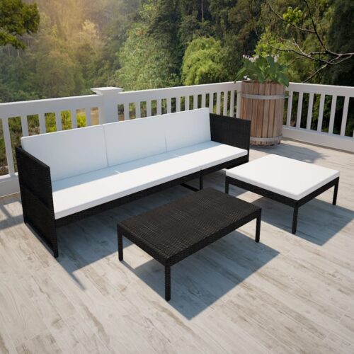3-Piece Garden Lounge Set with Cushions Poly Rattan Wicker Outdoor Patio Furniture Black - Image 6