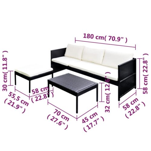 3-Piece Garden Lounge Set with Cushions Poly Rattan Wicker Outdoor Patio Furniture Black - Image 7
