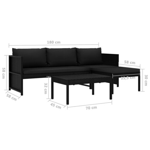 3-Piece Garden Lounge Set with Cushions Poly Rattan Wicker Outdoor Patio Furniture Black - Image 9