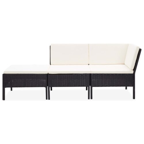 3-Piece Garden Lounge Set with Cushions Poly Rattan Wicker Outdoor Patio Furniture Black - Image 3