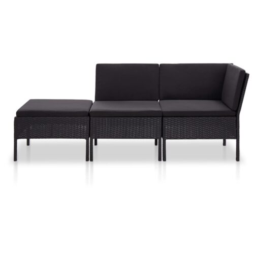 3-Piece Garden Lounge Set with Cushions Poly Rattan Wicker Outdoor Patio Furniture Black - Image 2