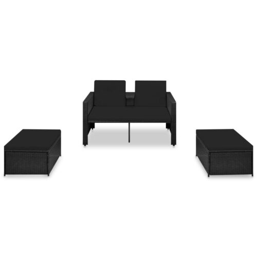 3-Piece Outdoor Sofa Set with Cushions Garden Patio Lounge Setting Rattan Black - Image 2