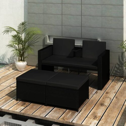 3-Piece Outdoor Sofa Set with Cushions Garden Patio Lounge Setting Rattan Black - Image 3