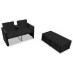3-Piece Outdoor Sofa Set with Cushions Garden Patio Lounge Setting Rattan Black